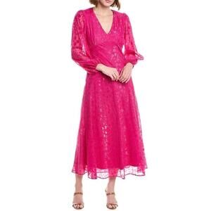 Taylor Midi Dress Size 6 Petite Hot Pink Long Sleeve V Neck Printed Chiffon‎ NEW